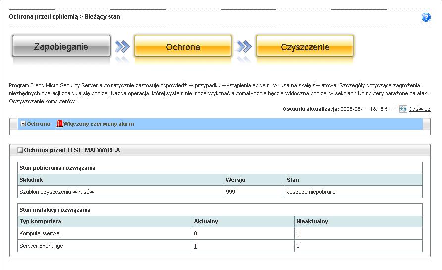 Korzystanie z funkcji Ochrona przed epidemią Ochrona przed zagrożeniami Na etapie ochrony przed zagrożeniami na ekranie Bieżący stan wyświetlane są informacje o stanie pobierania rozwiązania w