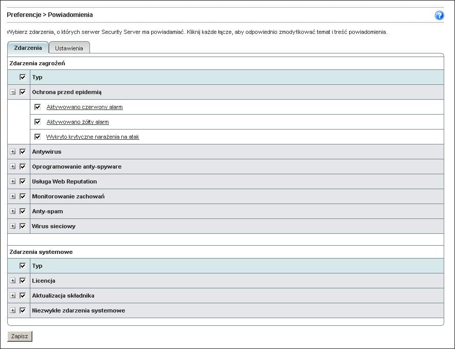 Trend Micro Worry-Free Business Security Advanced 5.1 Podręcznik administratora RYSUNEK 11-1. Ekran Powiadomienia zdarzenia Aby skonfigurować zdarzenia powiadamiania: 1.