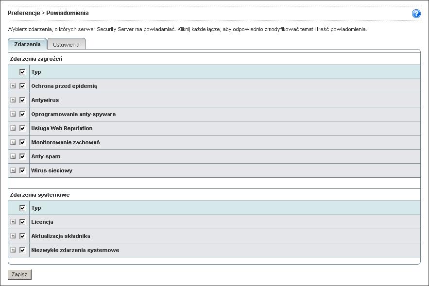 Trend Micro Worry-Free Business Security Advanced 5.1 Podręcznik administratora Konfigurowanie ustawień powiadamiania Ścieżka nawigacji: Preferencje > Powiadomienia > Zakładka Ustawienia RYSUNEK 11-3.