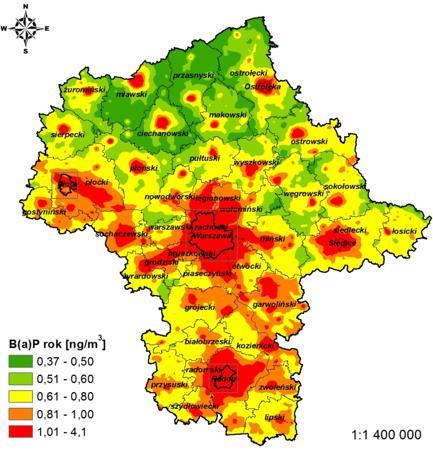 WYNIKI MODELOWANIA WYBRANYCH WARIANTÓW Rysunek 4 Stężenia benzo(a)pirenu rok w województwie mazowieckim, w 2015 r. wg.