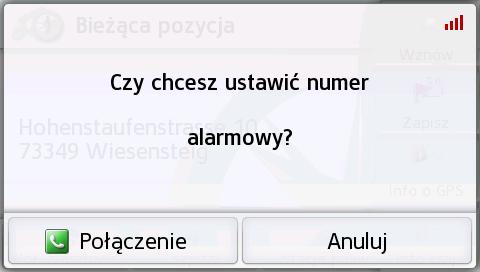 >>> NAWIGACJA Europie numerem telefonu alarmowego 112 (w zależności od modelu), jeżeli telefon komórkowy połączony jest z urządzeniem nawigacyjnym i jest w zasięgu sieci.