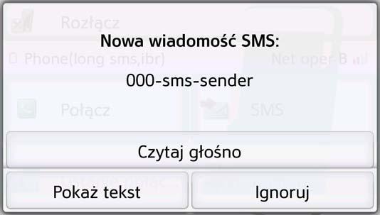 OBSŁUGA TELEFONU >>> Nadchodząca krótka wiadomość tekstowa Nadchodząca krótka wiadomość tekstowa, w zależności od dokonanego ustawienia zobacz punkt Sygnalizacja SMS (zależnie od modelu) na s.