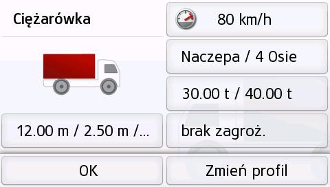 NAWIGACJA >>> Wskazówki: W widoku mapy ulice, dla których brak informacji specyficznych dla samochodów ciężarowych, wyświetlane są z jasnoczerwonym konturem. Należy zwrócić na nie szczególną uwagę.