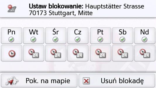 > W menu ustawień naciśnij przycisk Zablokowane drogi. Zostanie wyświetlone okno z zablokowanymi drogami. > Wybierz żądaną zablokowaną drogę.