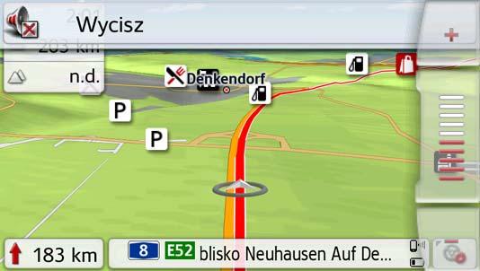 NAWIGACJA >>> Widok tunelu pokazuje schematycznie przebieg odcinka w tunelu. Wyświetlane są: całkowity przebieg trasy w tunelu, pierwsze odcinki i położenie pojazdu.