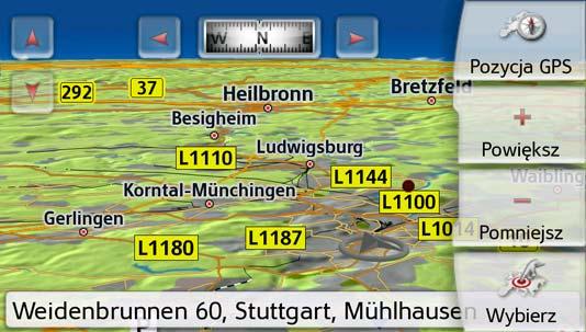 Oprócz pulsującego punktu pojawiają się u góry kompas i dwa przyciski strzałek skierowanych w lewo lub prawo. > Naciskaj przyciski i, aby obrócić mapę w odpowiednim kierunku świata.