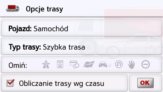 NAWIGACJA >>> Wybieranie tras alternatywnych Poszczególne rodzaje tras można wyświetlić na ekranie urządzenia nawigacyjnego. > Po wyświetleniu całej trasy naciśnij przycisk Trasy alternatywne.