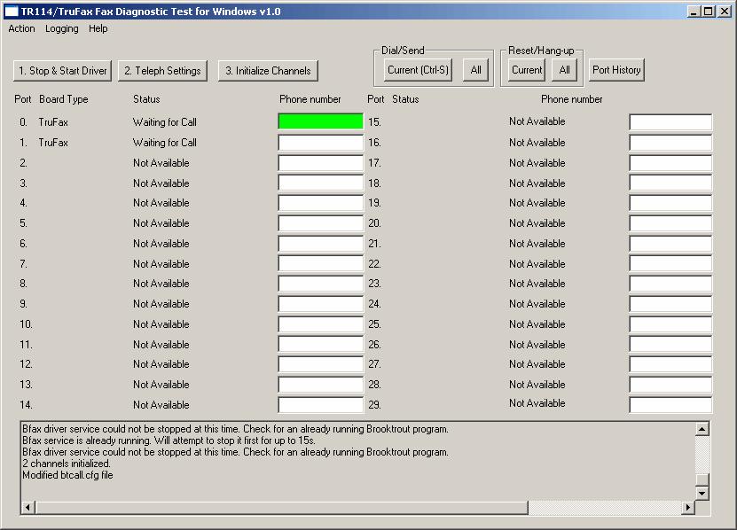 Zrzut ekranu 8: Oprogramowanie diagnostyczne Brooktrout 1.4 Urządzenia faksowe Sangoma W tym temacie przedstawiono sposób instalacji urządzeń Sangoma w serwerze programu GFI FaxMaker. UWAGI 1.