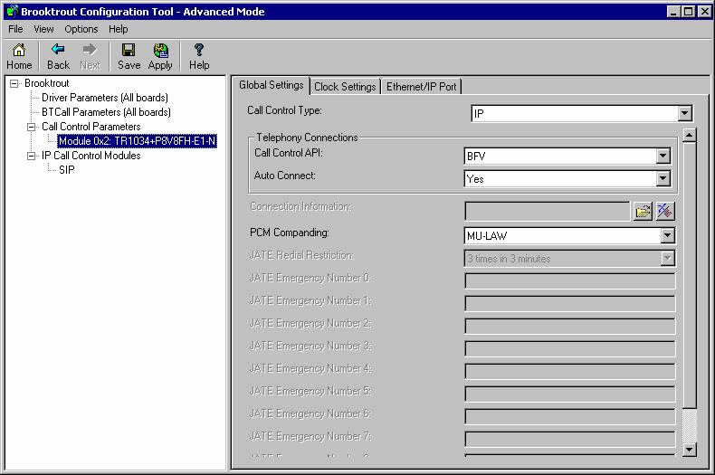 Zrzut ekranu 7: Okno programu Brooktrout Configuration Tool 13. Sprawdź, czy ustawienia są zgodne z używaną konfiguracją. Jeśli nie zostały wprowadzone żadne zmiany w konfiguracji (tj.