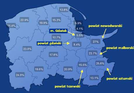 Rysunek 2.10 Stopa bezrobocia w poszczególnych powiatach woj. pomorskiego.
