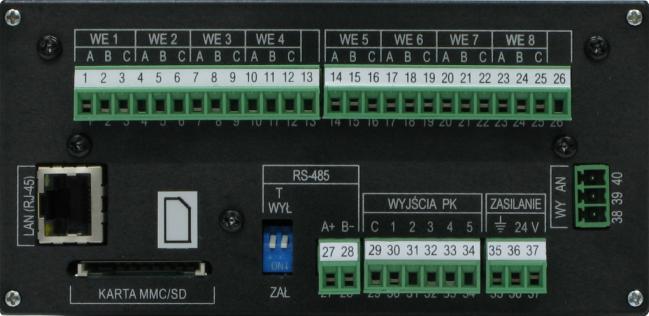 Zdjęcie płyty tylnej przyrządu MPI-8 z wyjściami: analogowym 4-20mA i Ethernet oraz bez tych wyjść!