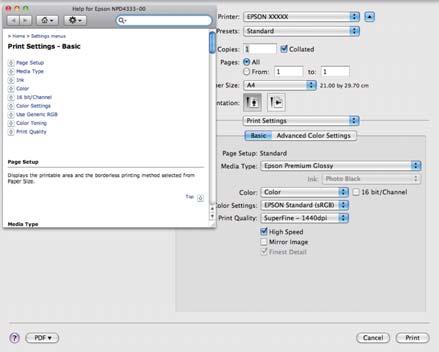 Korzystanie ze sterownika drukarki(system Mac OS X) Korzystanie ze sterownika drukarki (system Mac OS X) Wyświetlanie ekranu ustawień Sposób wyświetlania ekranu ustawień sterownika drukarki może być