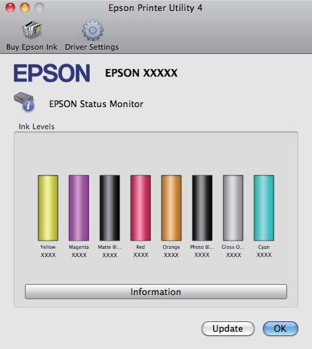Korzystanie ze sterownika drukarki(system Mac OS X) EPSON Status Monitor Ta funkcja pozwala zapoznać się z informacjami o stanie drukarki, na przykład sprawdzić pozostałą ilość tuszu albo obecność