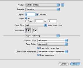 Różne funkcje związane z drukowaniem Wybieranie ustawień w systemie Mac OS X Otwórz ekran Print (Drukowanie), wybierz z A listy opcję Paper Handling (Postępowanie z papierem), a następnie zaznacz