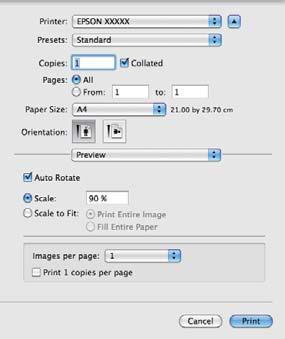 Różne funkcje związane z drukowaniem Wybieranie ustawień w systemie Mac OS X Po pojawieniu się ekranu Print (Drukowanie) A wybierz z listy Paper Size (Rozmiar papieru) rozmiar papieru załadowanego do