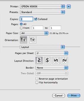 Różne funkcje związane z drukowaniem Wybieranie ustawień w systemie Mac OS X Po pojawieniu się ekranu Print (Drukowanie) A wybierz z listy opcję Layout (Makieta), a następnie określ żądaną liczbę