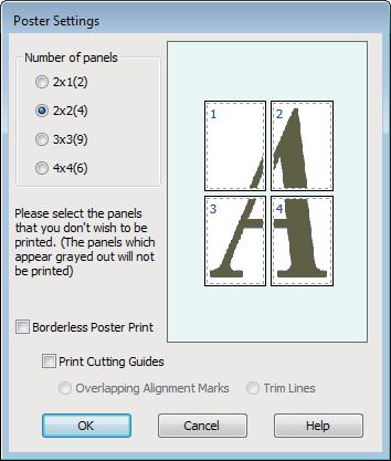 Różne funkcje związane z drukowaniem C Na ekranie Poster Settings (Ustawienia plakatu) określ liczbę arkuszy składowych plakatu.