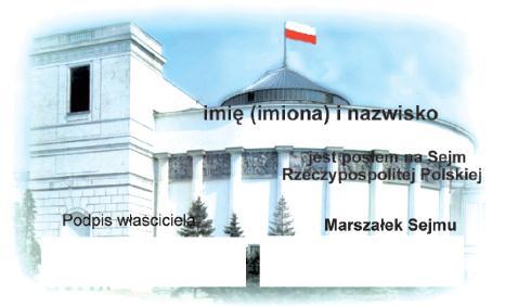 Awers: 1. napis "SEJM RZECZYPOSPOLITEJ POLSKIEJ VI kadencja", a pod nim wizerunek godła Rzeczypospolitej Polskiej o wymiarach 10 x 10 mm; 2.