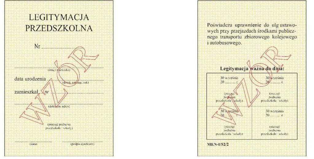 Wzór nr 12 do 16 i 17 WZÓR LEGITYMACJI PRZEDSZKOLNEJ DLA DZIECKA NIEPEŁNOSPRAWNEGO Wymiary 72 x 103 mm Karton. Tło żółte pantone nr 123 C Str. 1 Str.