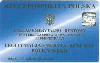 Wzór nr 41 do 21 i 23 WZÓR LEGITYMACJI EMERYTA-RENCISTY POLICYJNEGO Legitymacja pozioma, o wymiarach 55 mm x 85 mm, o krawędziach zaokrąglonych, koloru niebieskiego cieniowanego, dwustronnie