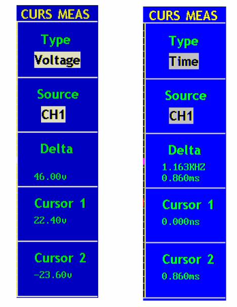 5.16. JAK PRZEPROWADZAĆ POMIARY ZA POMOCĄ KURSORÓW Wciśnij przycisk CURSOR aby wyświetlić menu funkcji pomiaru za pomocą kursorów (CURS MEAS), na wyświetlaczu pojawi się Pomiar napięcia (Voltage