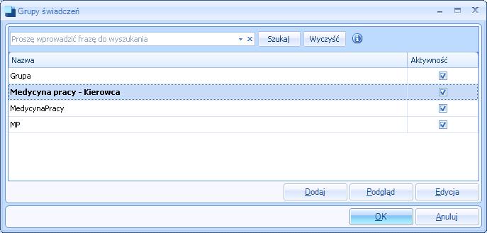 wyświetlane są zdefiniowane grupy świadczeń.