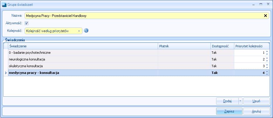 Podczas dodawania nowej grupy należy wpisać jej nazwę oraz dodać poszczególne świadczenia przy użyciu przycisku Dodaj znajdującego się u dołu okna.