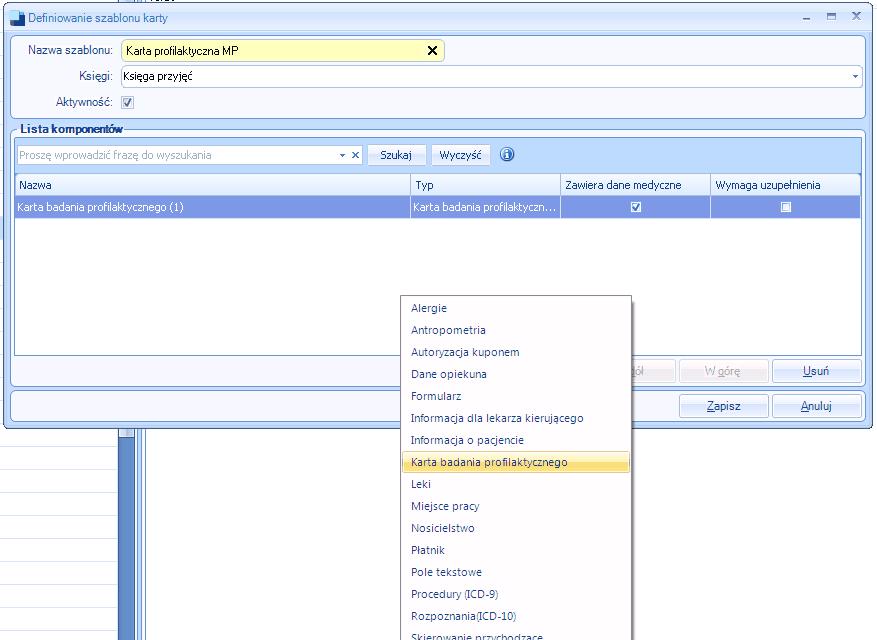. 1.2 Gabinet - Karta badania profilaktycznego 1.2.1 Konfiguracja komponentu (Administracja) Aby umożliwić obsługę Karty badania profilaktycznego w gabinecie należy dodać odpowiedni komponent do szablonu karty wizyty.