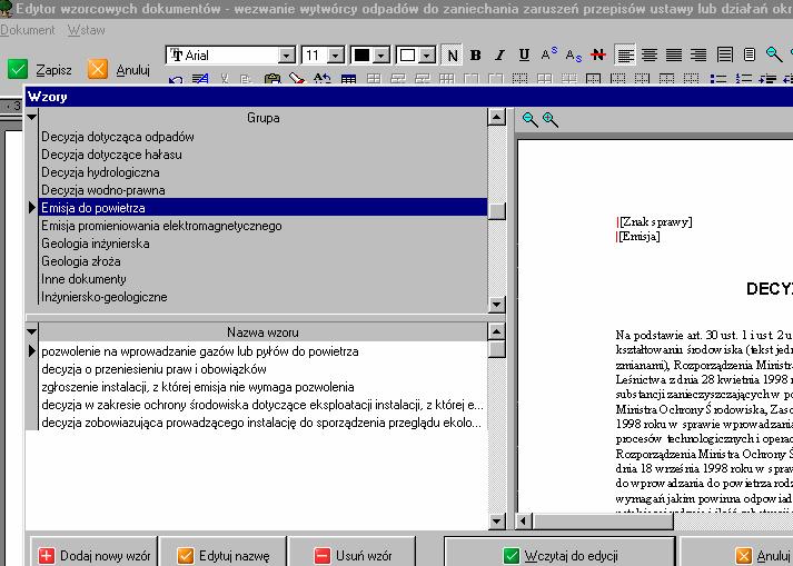 Klawiszem dodajemy plik graficzny, natomiast pozwala nam uruchomić program skanujący (jeŝeli skaner jest podłączony do komputera) 2.5.6 Edytor wzorców dokumentów.