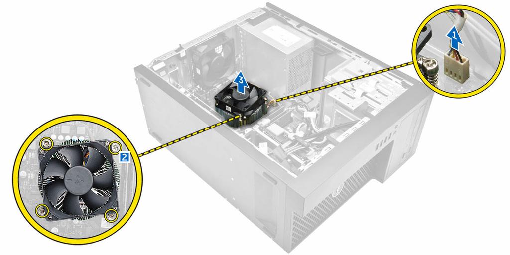 Instalowanie radiatora 1. Umieść zestaw radiatora na procesorze. 2. Dokręć naprzemiennie śruby mocujące zestaw radiatora do płyty systemowej. 3.