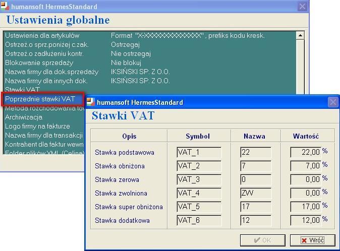 Przykładowy zestaw stawek obowiązujących w 2010 r. UWAGA: Operacja zmiany stawek VAT powinna byd przeprowadzona na przełomie roku, po wystawieniu wszystkich dokumentów w 2010 roku.