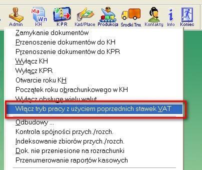 Program uruchamia się zawsze w trybie pracy z aktualnymi stawkami VAT, bez względu na tryb pracy, który obowiązywał w chwili jego zamknięcia.