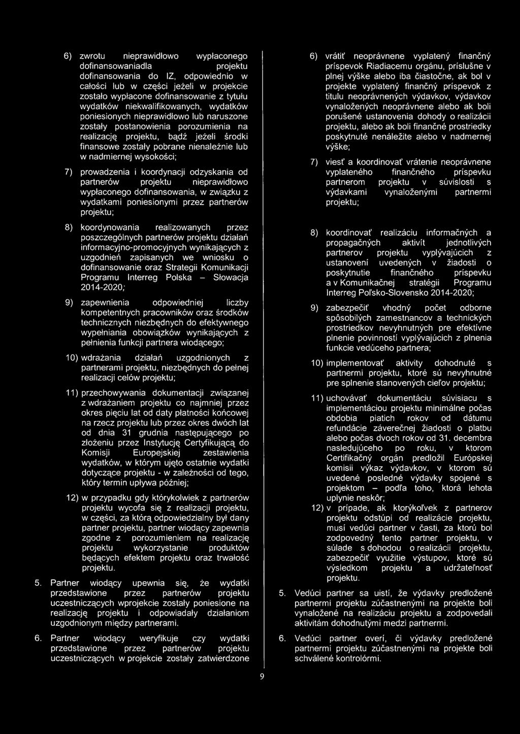 nadmiernej wysokošci: 7) prowadzenia i koordynacji odzyskania od partnerów projektu nieprawidtowo wyptaconego dofinansowania, w zwiazku z wydatkami poniesionymi przez partnerów projektu; 8)