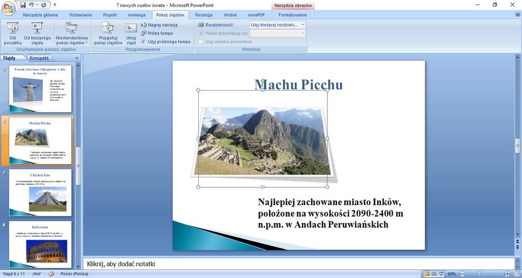 Przejdź do pokazu slajdów od początku i kliknij w spisie treści wyraz Koloseum przejdziesz do slajdu 8 Teraz kliknij