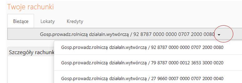 dostępnymi rachunkami. W zależności od wybranej zakładki program wyświetli odpowiednią listę Bieżące > rachunki; Lokaty > wszystkie aktywne lokaty, Kredyty > kredyty.