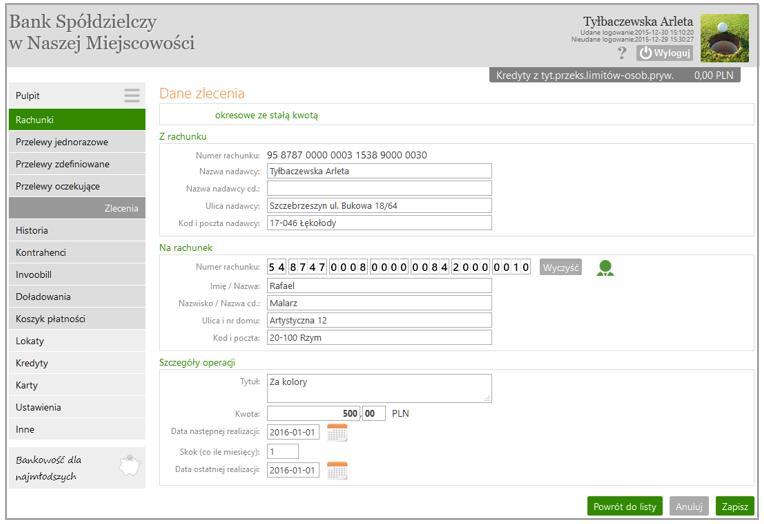 W obu przypadkach należy wypełnić dane adresata zlecenia w obszarze Na rachunek oraz tytuł w obszarze Szczegóły operacji