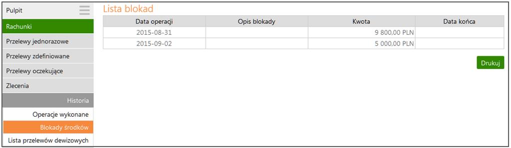 Blokada środków Menu Blokady środków jest dostępne w wyniku wyboru dowolnego rachunku z menu Lista rachunków Historia, o ile takie blokady zostały założone na wyświetlonym rachunku.