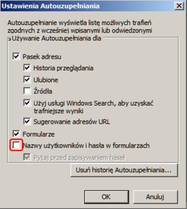 W zakładce [Zawartość] w opcji [Autouzupełnianie] należy wybrać przycisk [Ustawienia] a następnie w wyświetlonym oknie odznaczyć