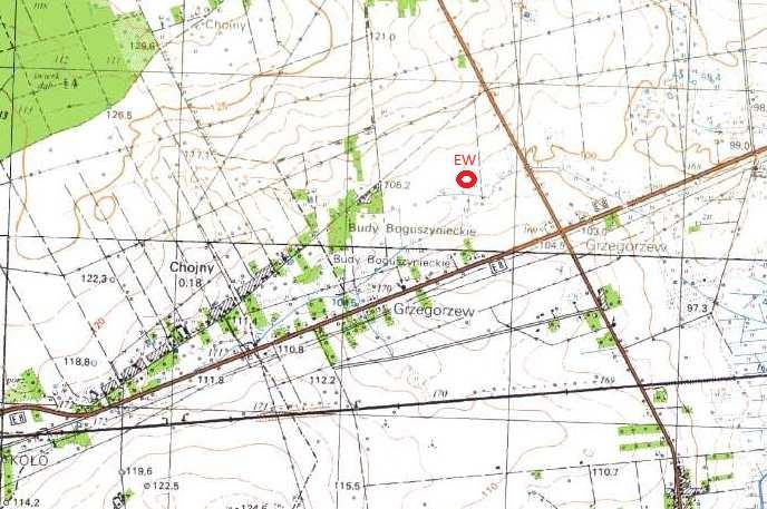 2. CHARAKTERYSTYKA TERENU BADAŃ Mapa przedstawiająca położenie projektowanej farmy wiatrowej względem zabudowań, lasów i zadrzewień oraz pradoliny rzeki Warty (w kierunku południowo zach.