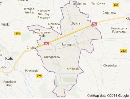 Ryc. przedstawiająca mapę gminy Grzegorzew Przez gminę przebiega droga krajowa nr 92, łącząca gminę, z Poznaniem i Warszawą.