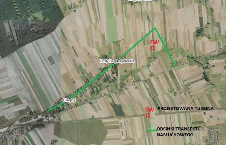 Ryc. Teren badań wraz z lokalizacjami odcinków funkcjonalnych transektu nasłuchowego i punktów nasłuchowych: I 900m, II 2700m, razem: 3600 m.