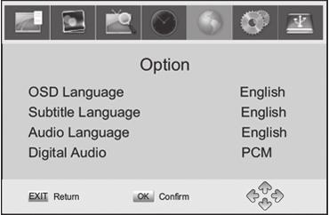 PL OPCJE Aby wejść do menu nacisnąć przycisk SETUP i wybrać [Option]. W menu można ustawić język menu OSD, język napisów i język audio. Wybrać opcję i ustawić ją za pomocą przycisków RIGHT/LEFT.