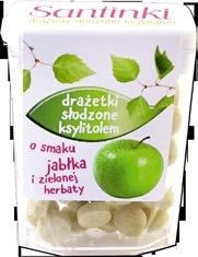 SANTINKI DRAŻETKI OWE JABŁKO I MATCHA 13 g 1001kJ/239kcal Tłuszcz: 0,01 g nasycone: 0,00 g Węglowodany: 97,98 g w tym