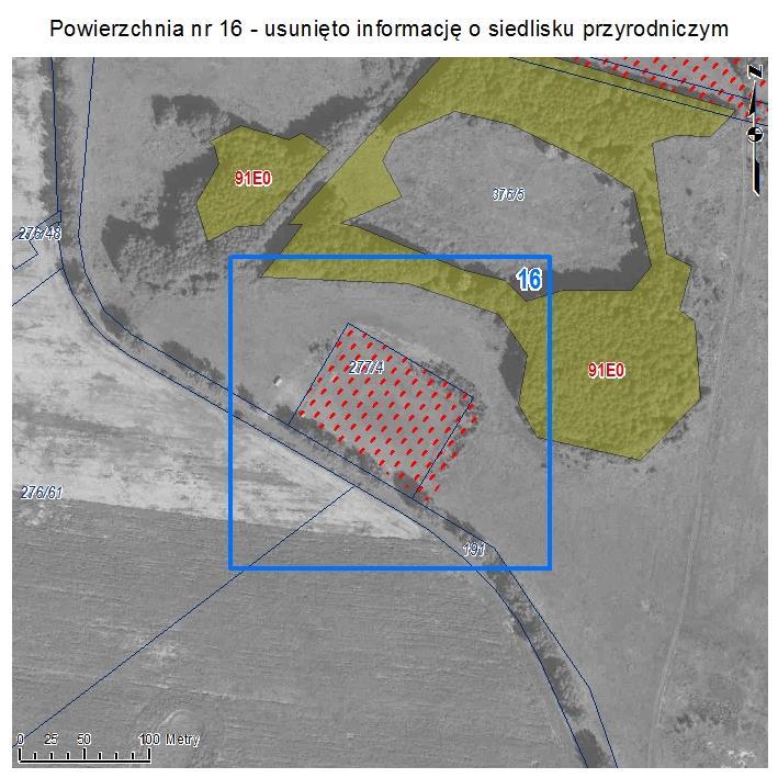 POWIERZCHNIA NR 16 USUNIĘTO INFORMACJĘ O SIEDLISKU PRZYRODNICZYM Powierzchnia w Komornikach wskazywana w Aktualizacji inwentaryzacji przyrodniczej gminy Polkowice jako