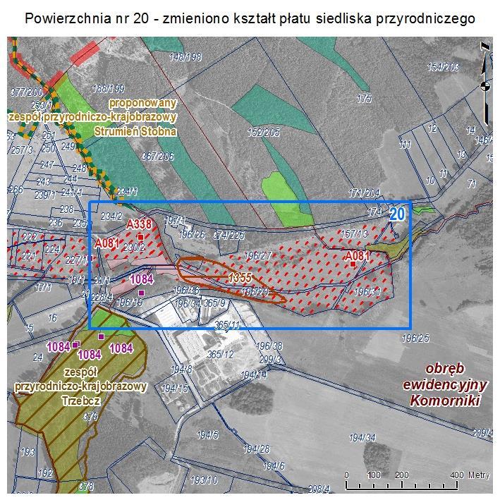 POWIERZCHNIA NR 20 ZMIANA KSZTAŁTU PŁATU SIEDLISKA PRZYRODNICZEGO Powierzchnia między Moskorzynem a Żukowem wskazywana w Aktualizacji inwentaryzacji przyrodniczej gminy Polkowice jako rozległy płat