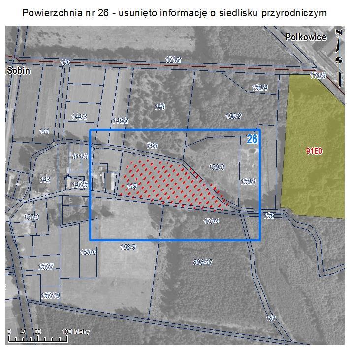 POWIERZCHNIA NR 26 USUNIĘTO INFORMACJĘ O SIEDLISKU PRZYRODNICZYM Powierzchnia na wschód od Sobina wskazywana w Aktualizacji inwentaryzacji przyrodniczej gminy Polkowice jako niewielki płat