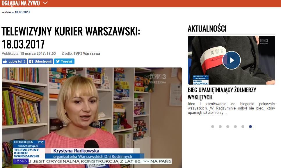 Materiały TV i radio 17 marca 2017 w Telewizyjnym Kurierze Warszawskim ukazał się reportaż z warsztatów w Klubie dla Rodzin