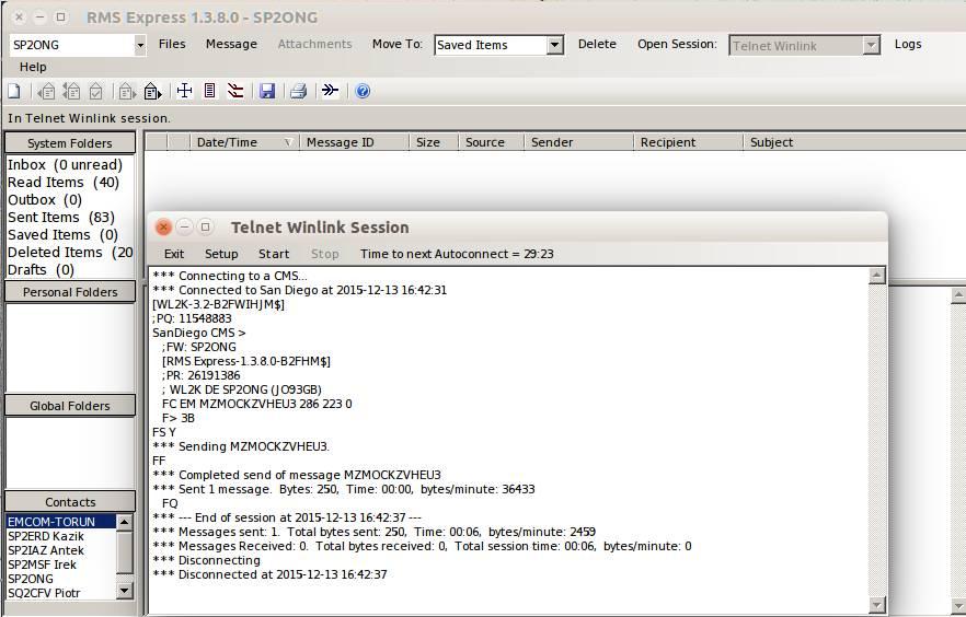 RMS Express nadawanie wiadomości Jeśli chcemy wysłać nasz pocztę z folderu Outbox via Internet musimy wybrać z menu obok napisu Open Session opcje Telnet Winlink.