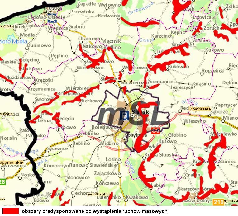 Green Key Program Ochrony Środowiska dla Gminy Słupsk Ryc. 10. Lokalizacja osuwisk na terenie Gminy Słupsk Źródło: opracowanie własne na podkładzie geoportal.pgi.gov.