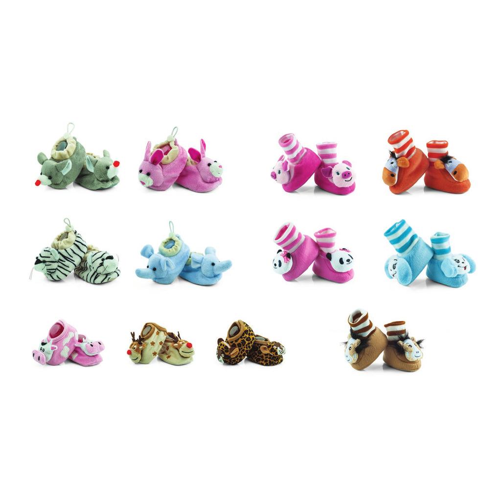 baby smyki Mięciutkie buciki niemowlęce z grzechotką ukrytą w główce doszywanego zwierzaka. Soft shoes for babies with rattler hided inside animal toy.